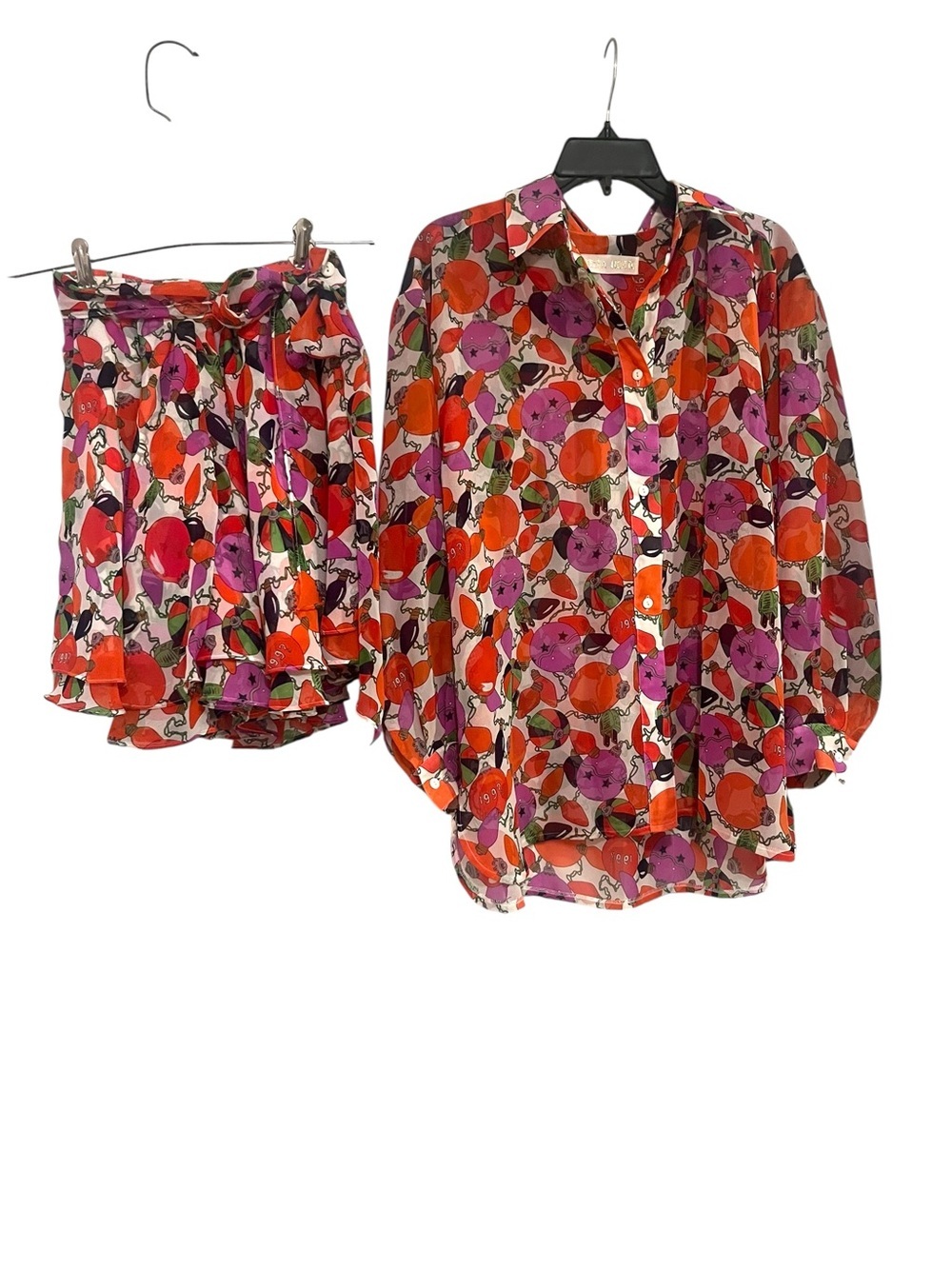 Stella Notte Christmas Set Button Down Top and Skort Bright Colorful Ornaments